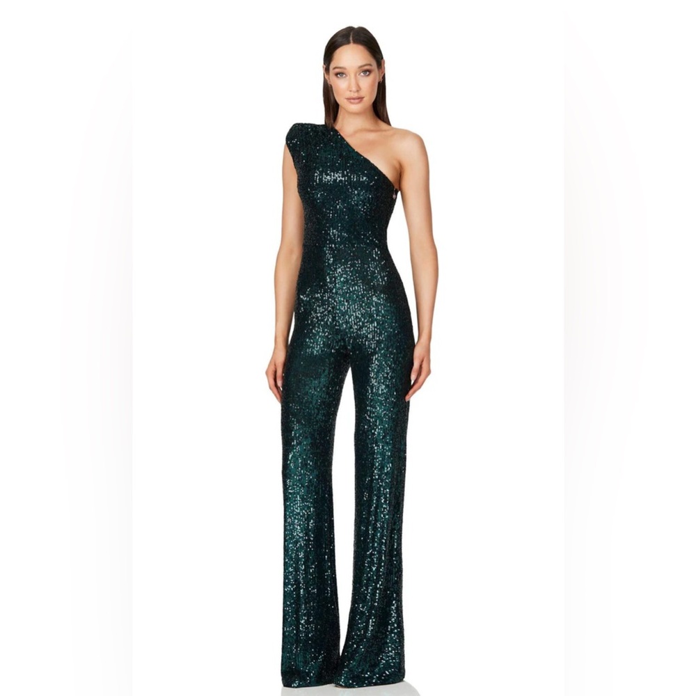 Nookie One-Shoulder Sequin Jumpsuit in Dark Green
